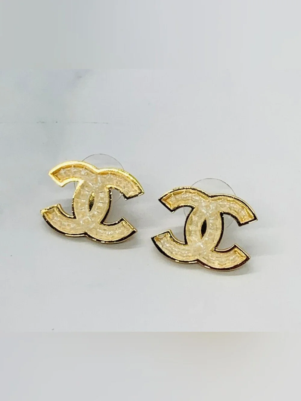 Authentic Chanel 24A Gold Plated Glitter Resin CC Stud Earrings